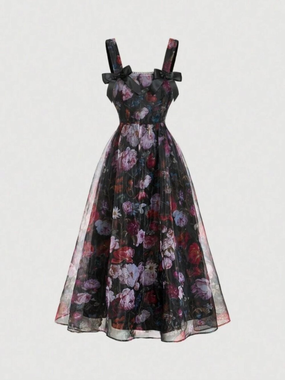 SHEIN Black Floral Mesh Bowknot Sundress Sleeveless — Size S